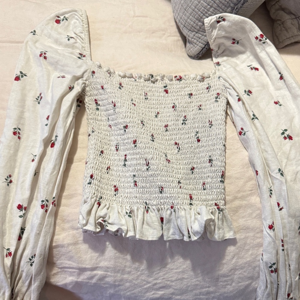 Reformation Cream Floral Smocked Blouse
